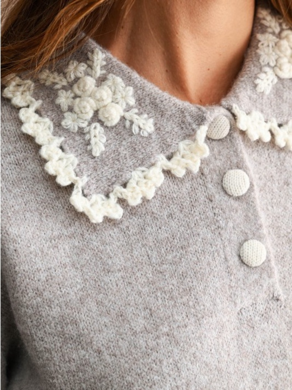 Soft Knit Embroidered Collar Sweater - gray